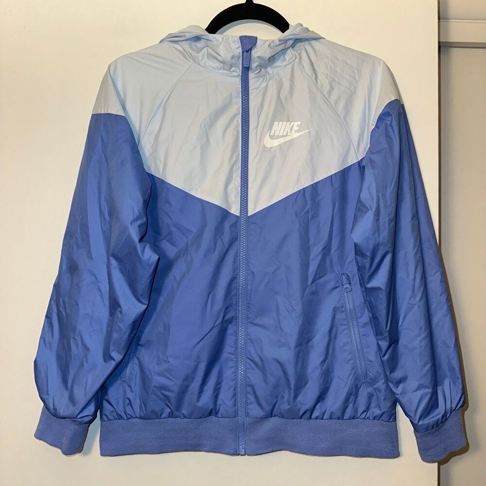 Nike Women’s Large Hooded Long Sleeve Wind Breaker Lined Light Dark Blue EUC